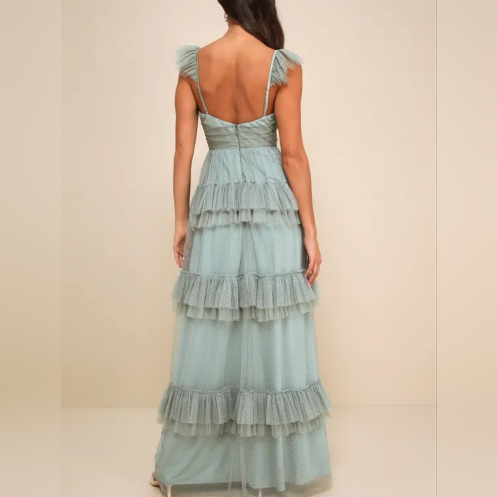 Lulus Pure Radiance Sage Brush Mesh Swiss Dot Tiered Maxi Dress sz XS - Picture 2 of 6